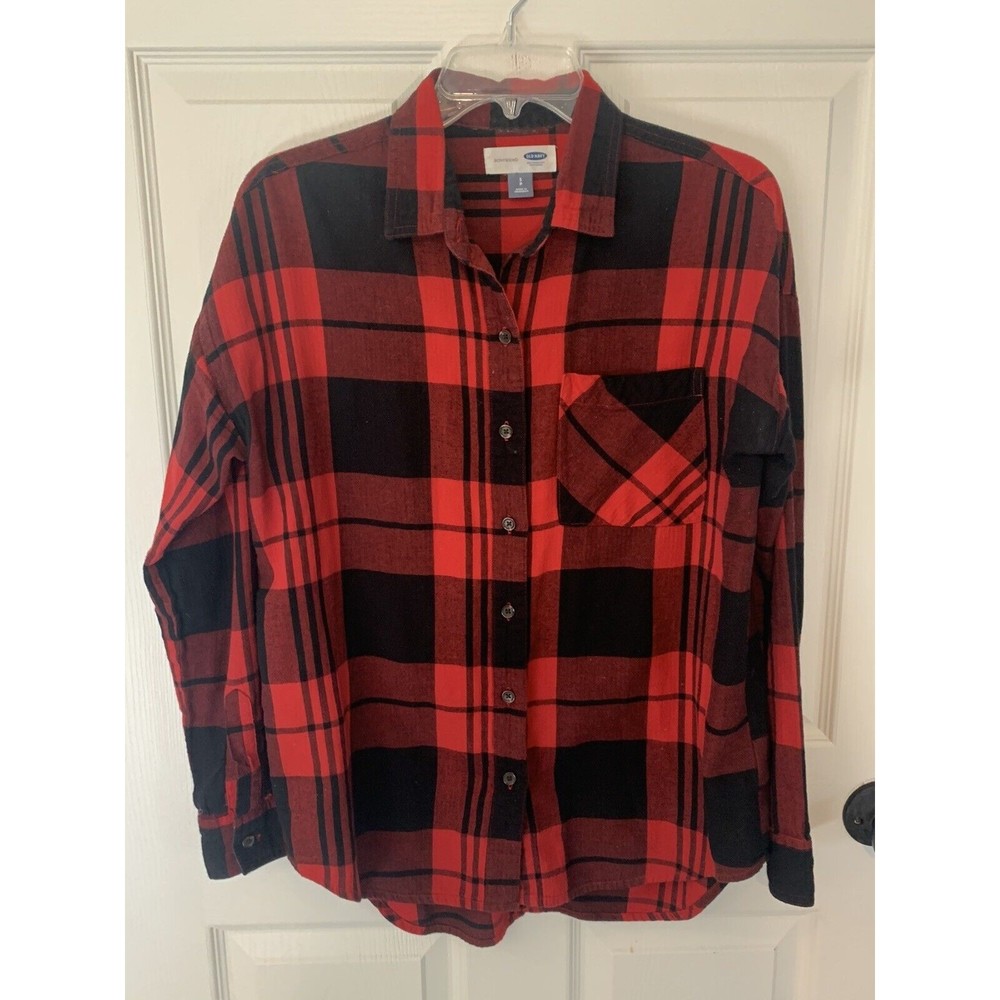 Old Navy Women's The Boyfriend Shirt Size Small Red Black Plaid - Picture 3 of 3